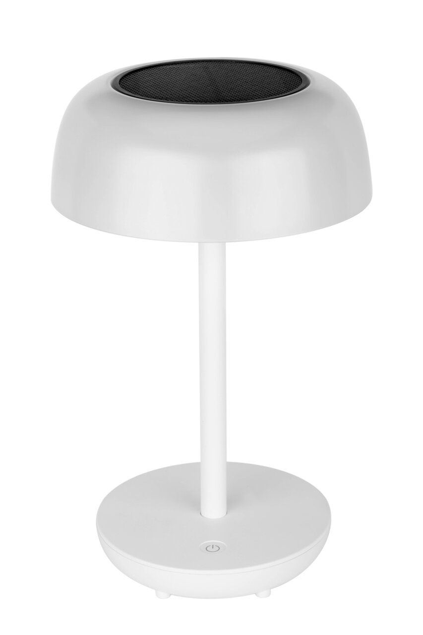 Weiße Solarleuchte in moderner Tischlampenform, seitliche Perspektive