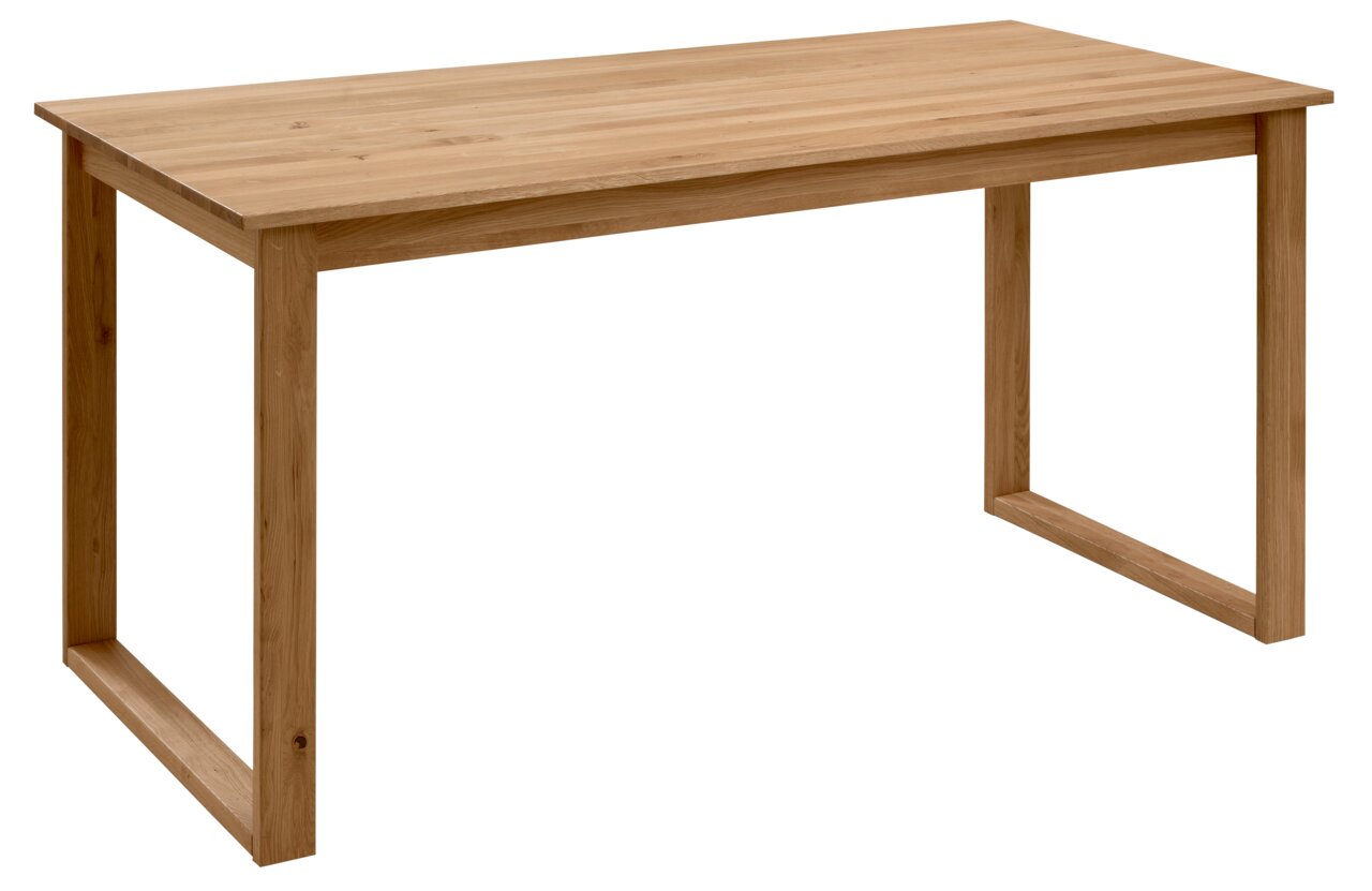 Holzschreibtisch mit rechteckiger Tischplatte und stabilen Beinen, seitliche Perspektive