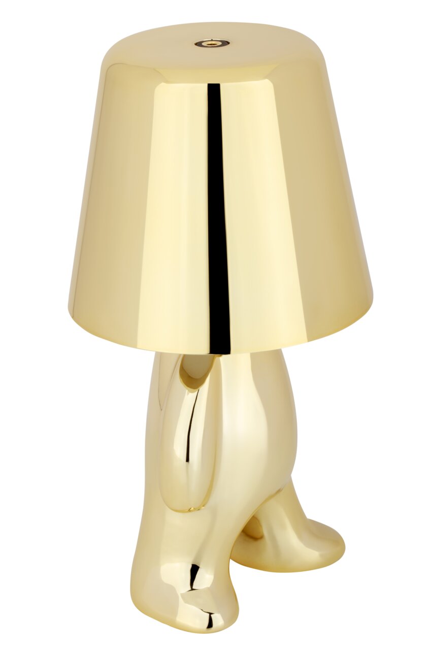 Goldene Akku-Tischleuchte in Form einer stilisierten Figur, seitliche Perspektive