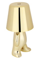 Goldene Akku-Tischleuchte in Form einer stilisierten Figur, seitliche Perspektive