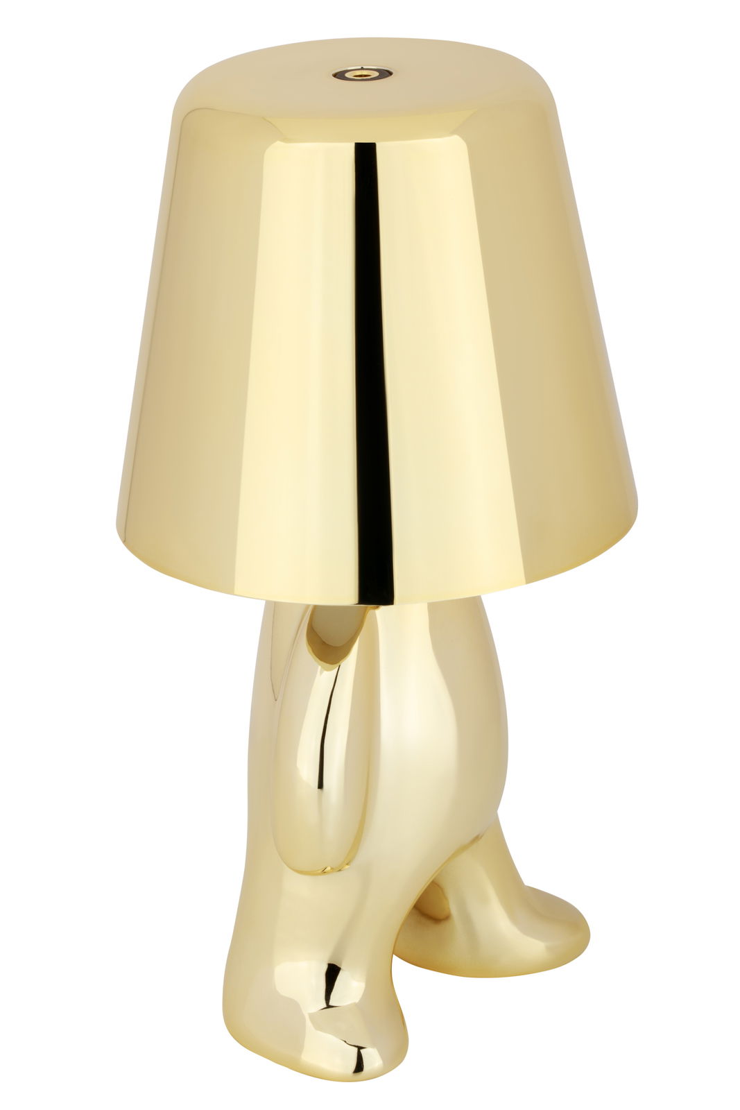 Goldene Akku-Tischleuchte in Form einer stilisierten Figur, seitliche Perspektive