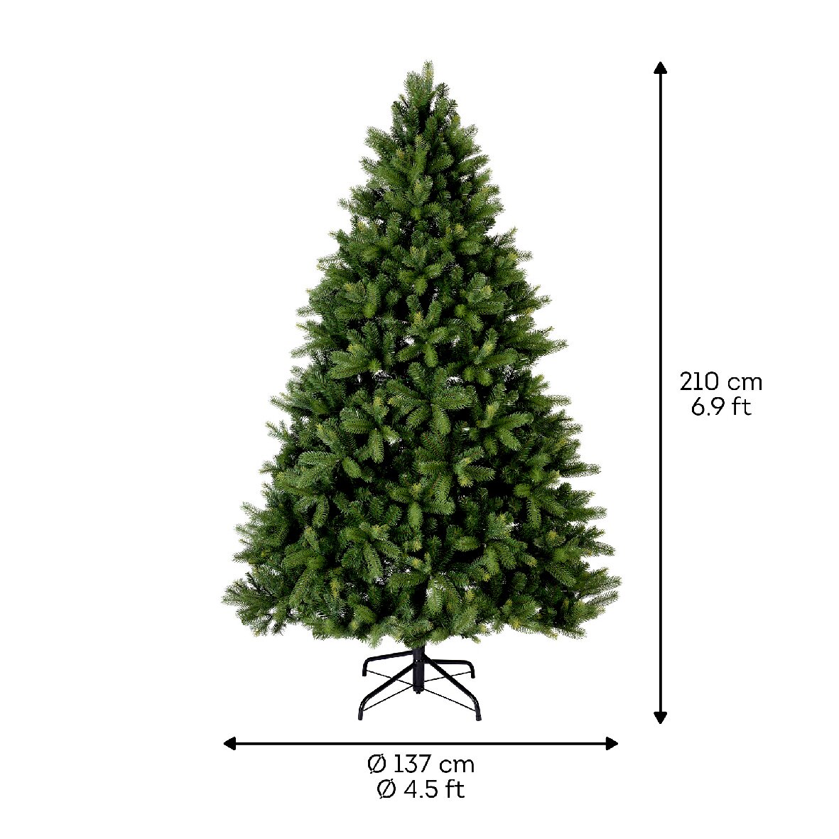 Künstlicher Weihnachtsbaum Freiburg Kiefer, 210 cm hoch, mit einem Durchmesser von 137 cm, auf einem stabilen Metallständer, frontal abgebildet.