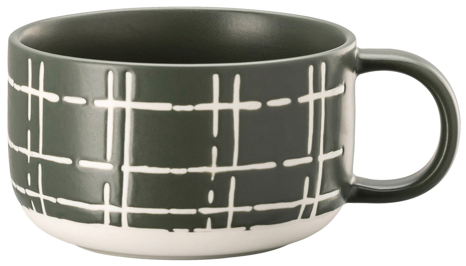 Kombi-Obertasse mit modernem, geometrischem Muster in dunklem Grün und Weiß, seitliche Perspektive