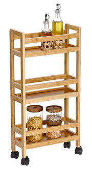 Schmaler Nischen-Rollwagen aus Holz mit vier Ebenen, gefüllt mit Ölflaschen und Vorratsgläsern, seitliche Perspektive.