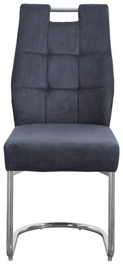 Vorderansicht eines modernen Schwingstuhls mit dunkelblauem, gestepptem Stoffbezug und verchromtem Metallgestell.