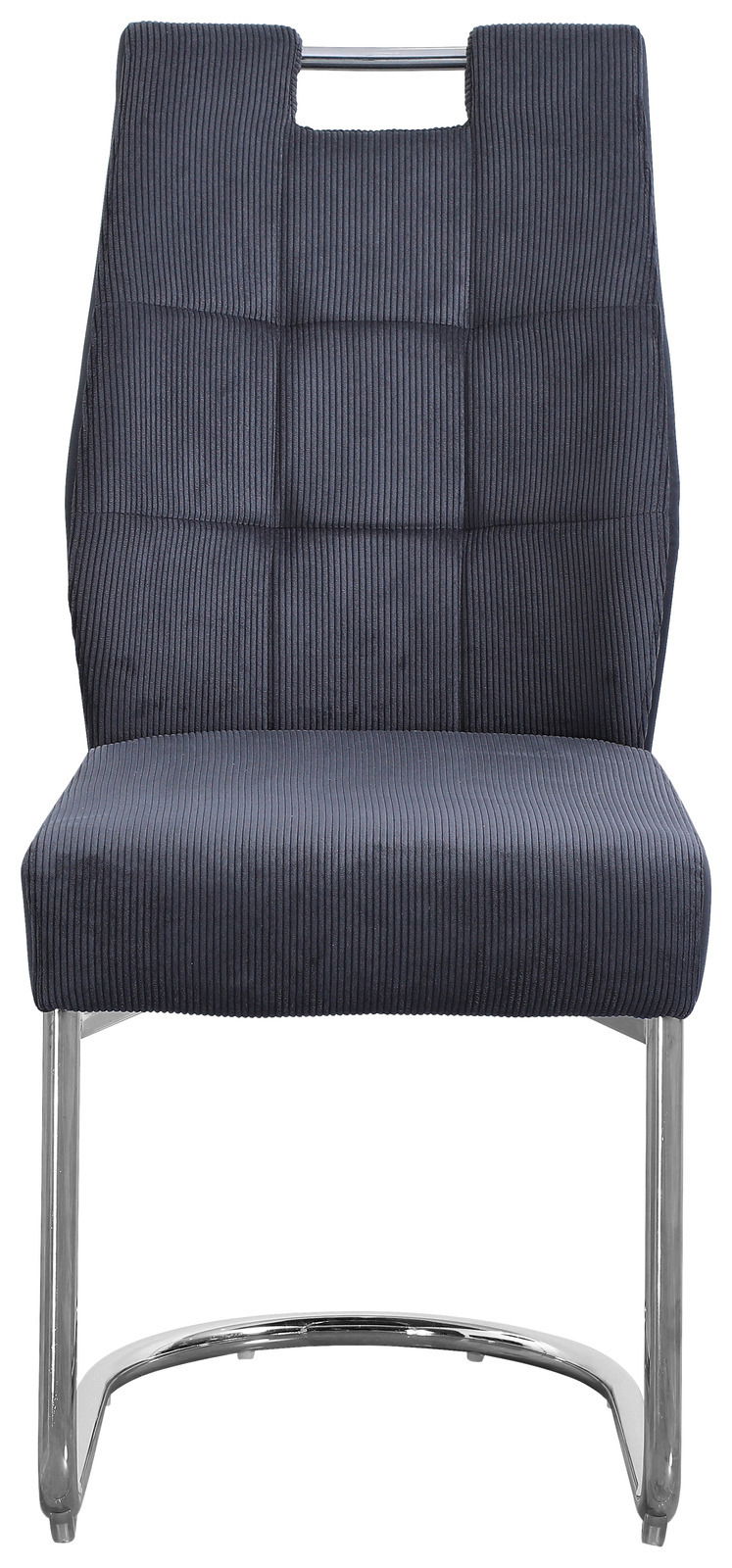 Z2 Schwingstuhl OLEG Vorderansicht eines modernen Schwingstuhls mit dunkelblauem, gestepptem Stoffbezug und verchromtem Metallgestell.