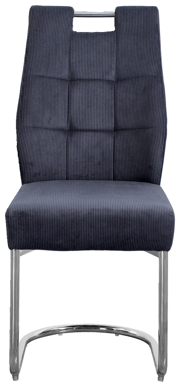 Vorderansicht eines modernen Schwingstuhls mit dunkelblauem, gestepptem Stoffbezug und verchromtem Metallgestell.