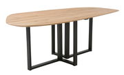 Moderner Esstisch mit ovaler Holzplatte und schwarzem Metallgestell, seitliche Perspektive