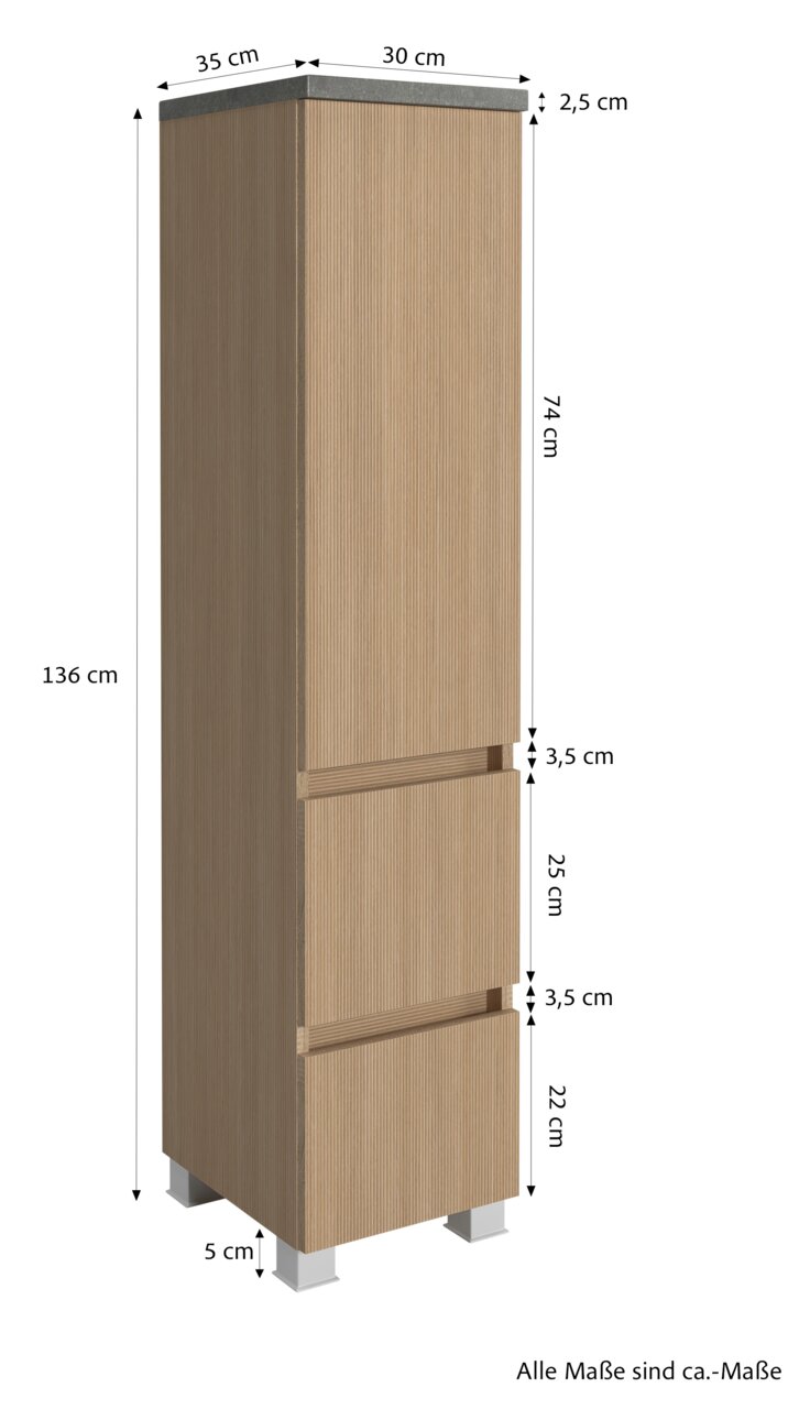 Midischrank 30 cm in Holzoptik, frontale Perspektive, mit zwei Schubladen und einem Fach, Maße: 136 cm hoch, 30 cm breit, 35 cm tief.