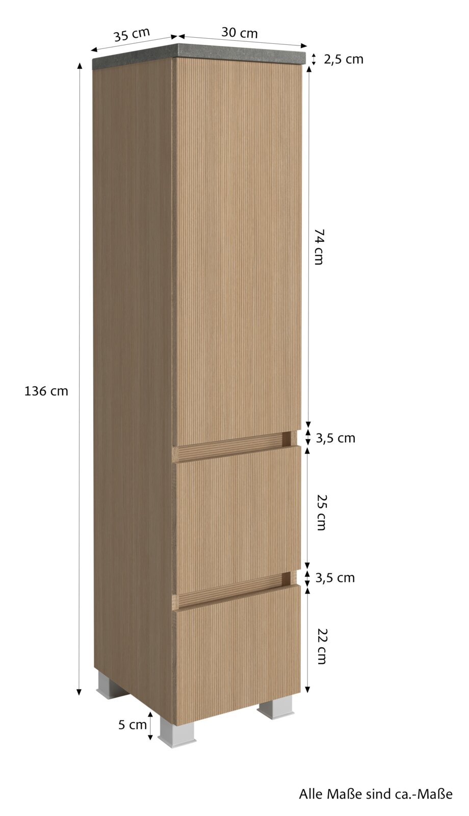 Midischrank 30 cm in Holzoptik, frontale Perspektive, mit zwei Schubladen und einem Fach, Maße: 136 cm hoch, 30 cm breit, 35 cm tief.