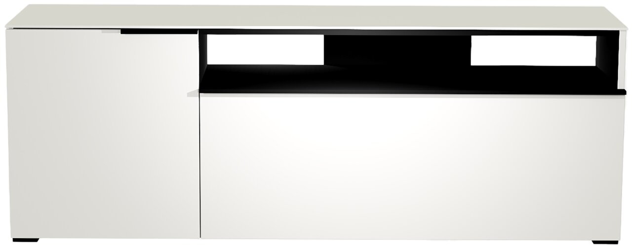 Weißes TV-Lowboard mit modernem Design, frontal betrachtet