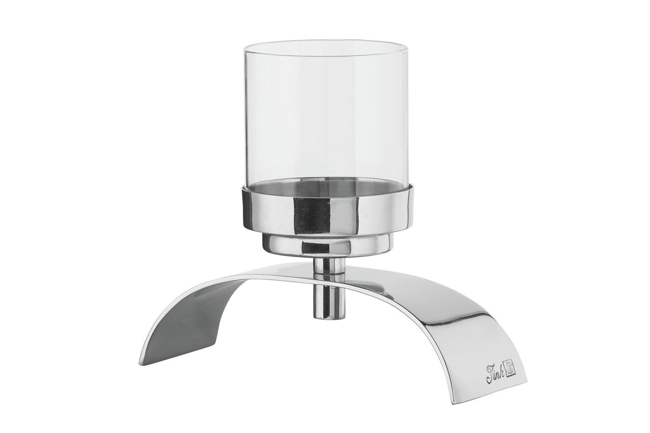 Moderner Maxi-Teelichthalter aus Metall und Glas, seitliche Perspektive