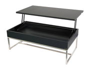 Moderner Couchtisch mit hochklappbarer Tischplatte und Stauraum, seitliche Perspektive