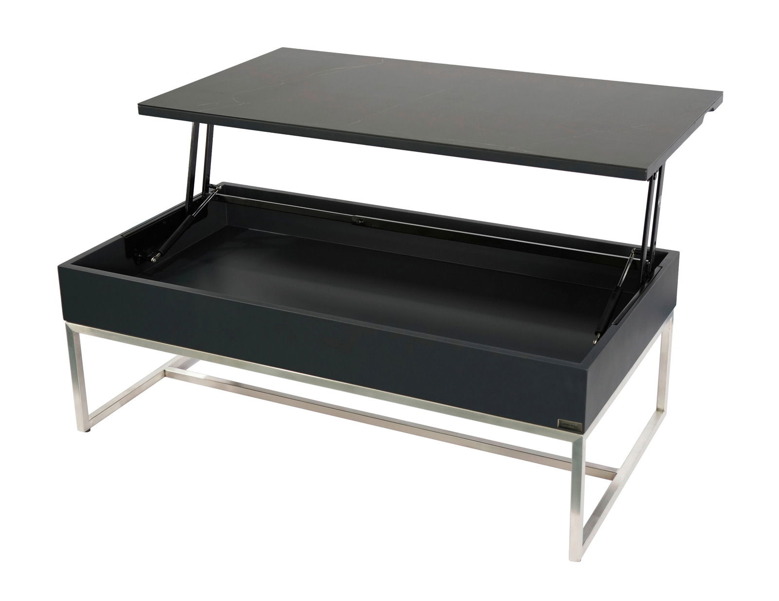 Moderner Couchtisch mit hochklappbarer Tischplatte und Stauraum, seitliche Perspektive