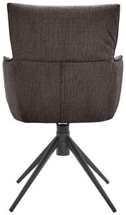 Rückansicht eines Armlehnstuhls mit dunkelgrauem Stoffbezug und schwarzem Metallgestell.