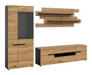 Wohnwand-Set im Industrial-Design mit Vitrine, TV-Lowboard und Wandregal in Eiche-Optik und Anthrazit, Frontansicht in leichter Schrägperspektive