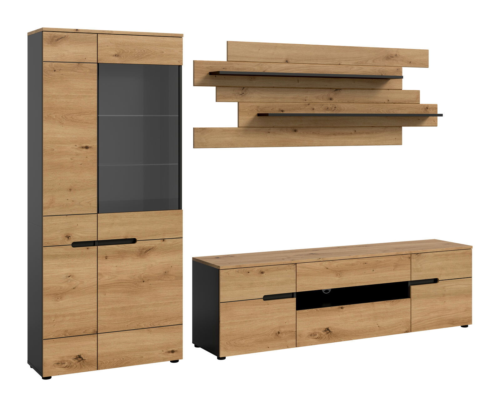 Wohnwand-Set im Industrial-Design mit Vitrine, TV-Lowboard und Wandregal in Eiche-Optik und Anthrazit, Frontansicht in leichter Schrägperspektive