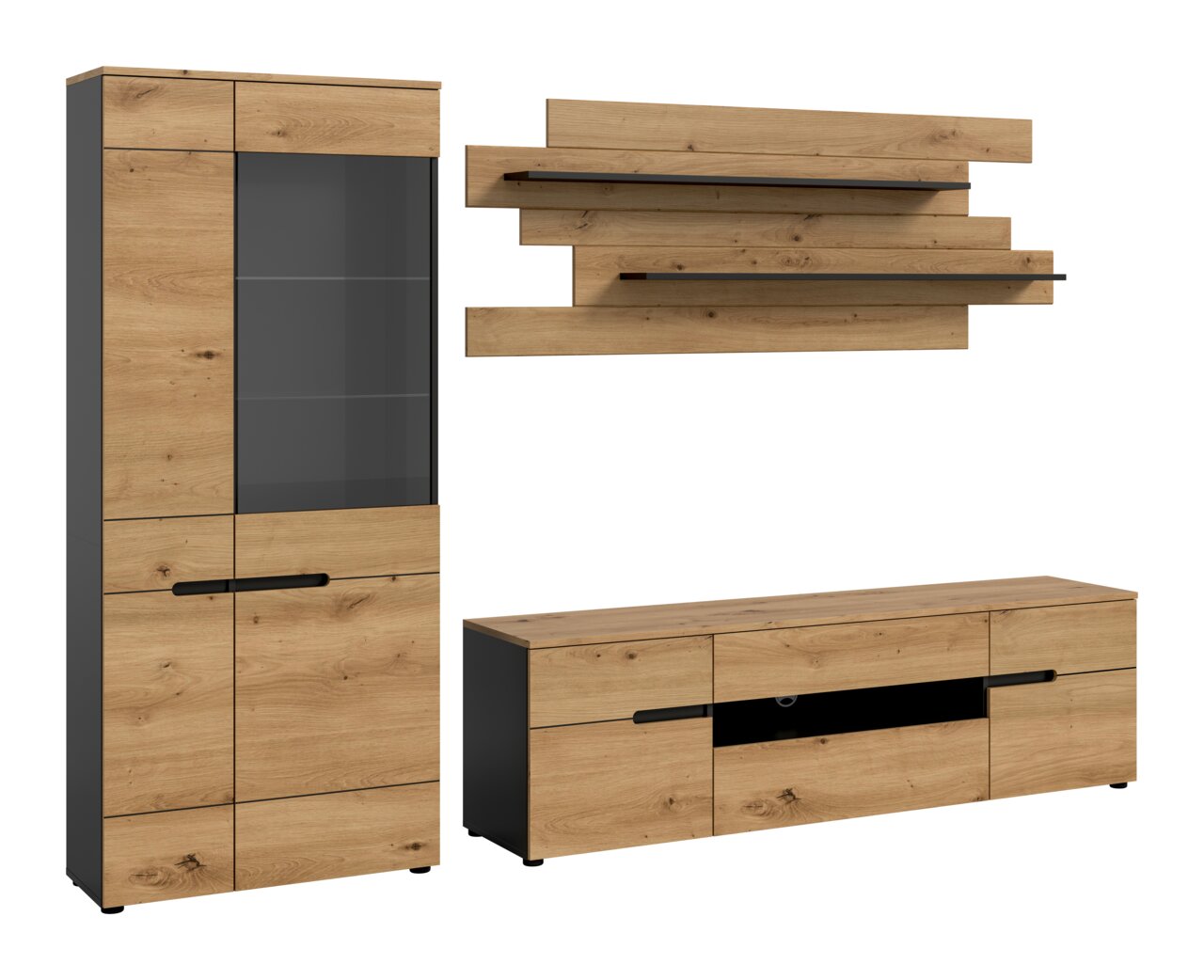 Wohnwand-Set im Industrial-Design mit Vitrine, TV-Lowboard und Wandregal in Eiche-Optik und Anthrazit, Frontansicht in leichter Schrägperspektive