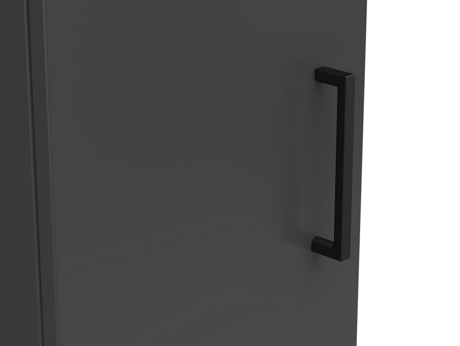 Nahaufnahme eines grauen Mehrzweckschranks mit schwarzem Griff, seitliche Perspektive