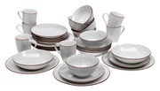 Kombiservice 30-teilig mit geometrischem Muster, bestehend aus Tellern, Schalen und Tassen, aus der Vorderansicht fotografiert.