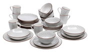 Kombiservice 30-teilig mit geometrischem Muster, bestehend aus Tellern, Schalen und Tassen, aus der Vorderansicht fotografiert.