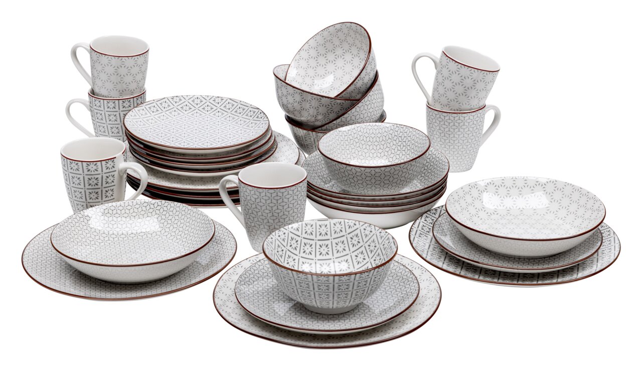 Kombiservice 30-teilig mit geometrischem Muster, bestehend aus Tellern, Schalen und Tassen, aus der Vorderansicht fotografiert.