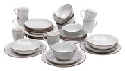 Kombiservice 30-teilig mit geometrischem Muster, bestehend aus Tellern, Schalen und Tassen, aus der Vorderansicht fotografiert.