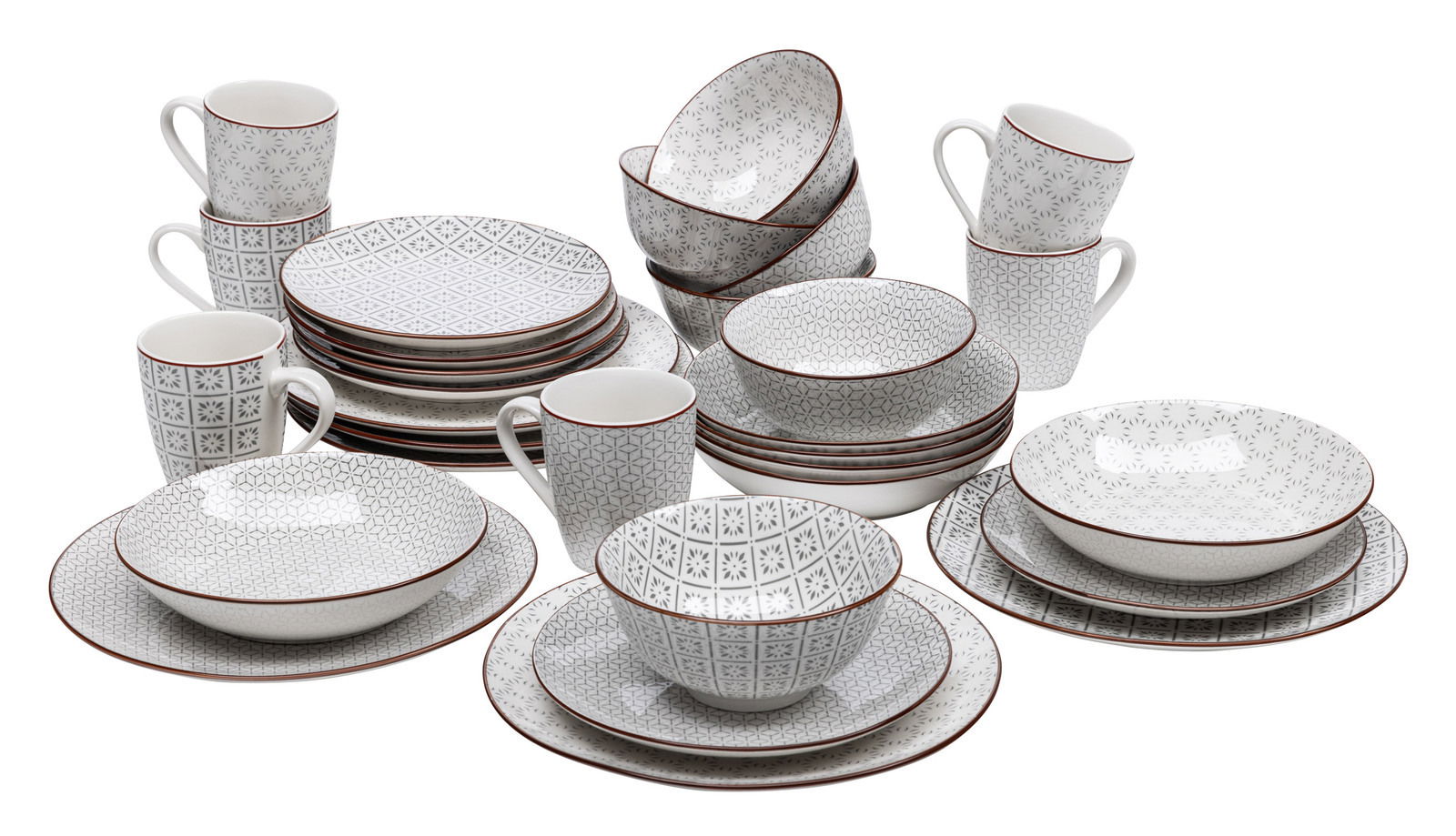 Kombiservice 30-teilig mit geometrischem Muster, bestehend aus Tellern, Schalen und Tassen, aus der Vorderansicht fotografiert.