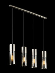 Moderne Hängeleuchte mit vier zylindrischen Lampenschirmen aus Metall und Glas, seitliche Perspektive.