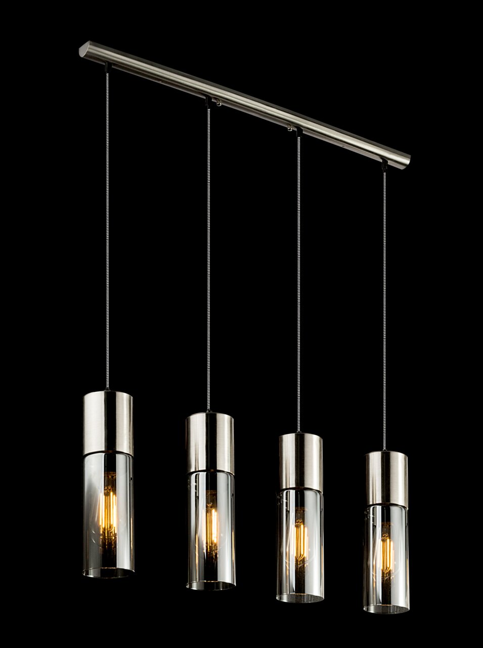 Moderne Hängeleuchte mit vier zylindrischen Lampenschirmen aus Metall und Glas, seitliche Perspektive.