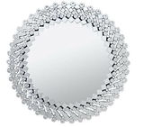 Runder Spiegel mit dekorativem, facettiertem Rahmen aus kleinen Spiegelsteinen, frontal abgebildet.