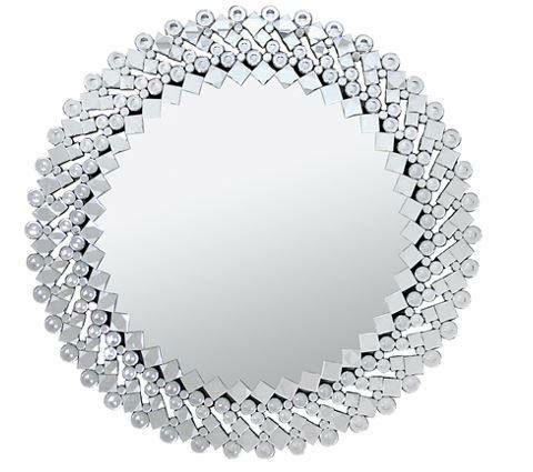 Runder Spiegel mit dekorativem, facettiertem Rahmen aus kleinen Spiegelsteinen, frontal abgebildet.