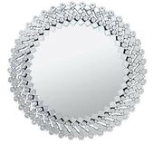 Runder Spiegel mit dekorativem, facettiertem Rahmen aus kleinen Spiegelsteinen, frontal abgebildet.