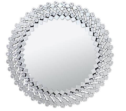 XORA Spiegel ca. 100x100 cm RADIUS Runder Spiegel mit dekorativem, facettiertem Rahmen aus kleinen Spiegelsteinen, frontal abgebildet.