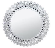 Runder Spiegel mit dekorativem, facettiertem Rahmen aus kleinen Spiegelsteinen, frontal abgebildet.