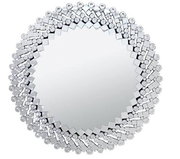 Runder Spiegel mit dekorativem, facettiertem Rahmen aus kleinen Spiegelsteinen, frontal abgebildet.