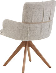 Gepolsterter Drehstuhl mit hellgrau meliertem Stoffbezug und Holz-Kreuzfuß, Ansicht von hinten links