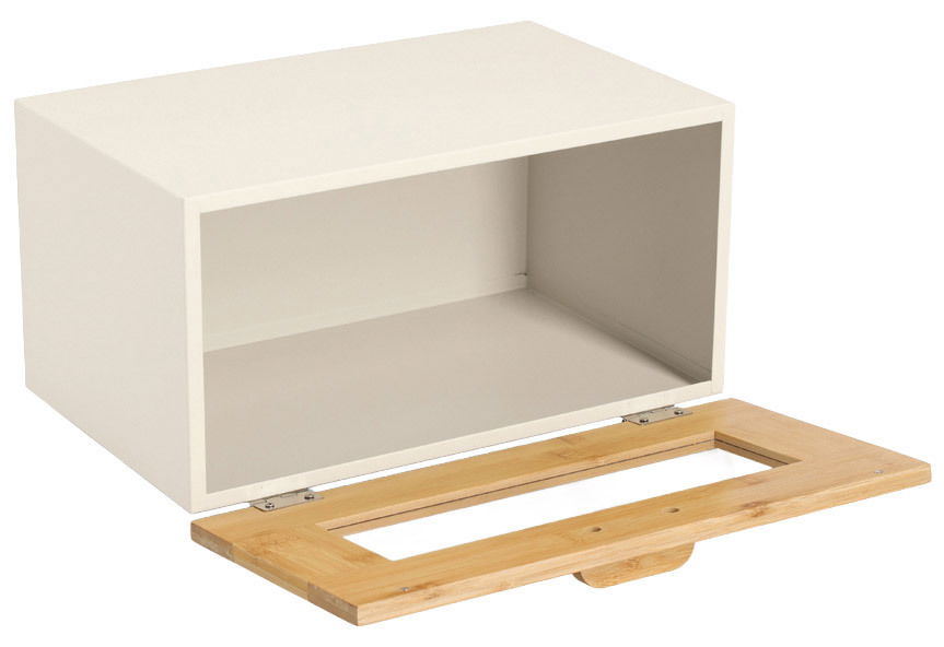 Brotkasten mit geöffneter Klappe aus Holz und Metall, Perspektive von vorne