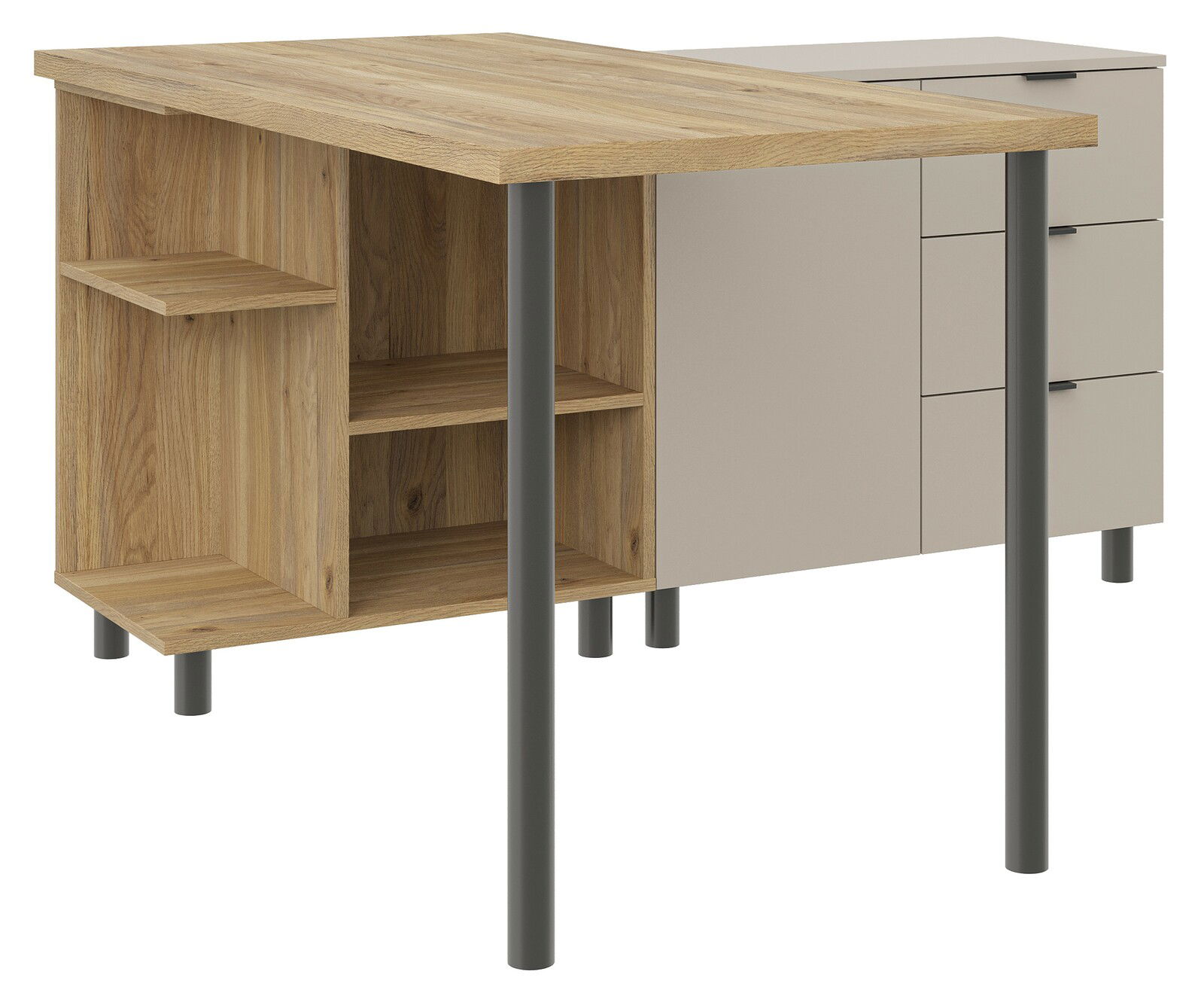 Carryhome Eck-Schreibtischkombination TINO OFFICE Eck-Schreibtischkombination aus Holz und Metall mit Regalfächern und Schubladen, seitliche Perspektive