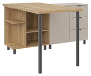 Eck-Schreibtischkombination aus Holz und Metall mit Regalfächern und Schubladen, seitliche Perspektive