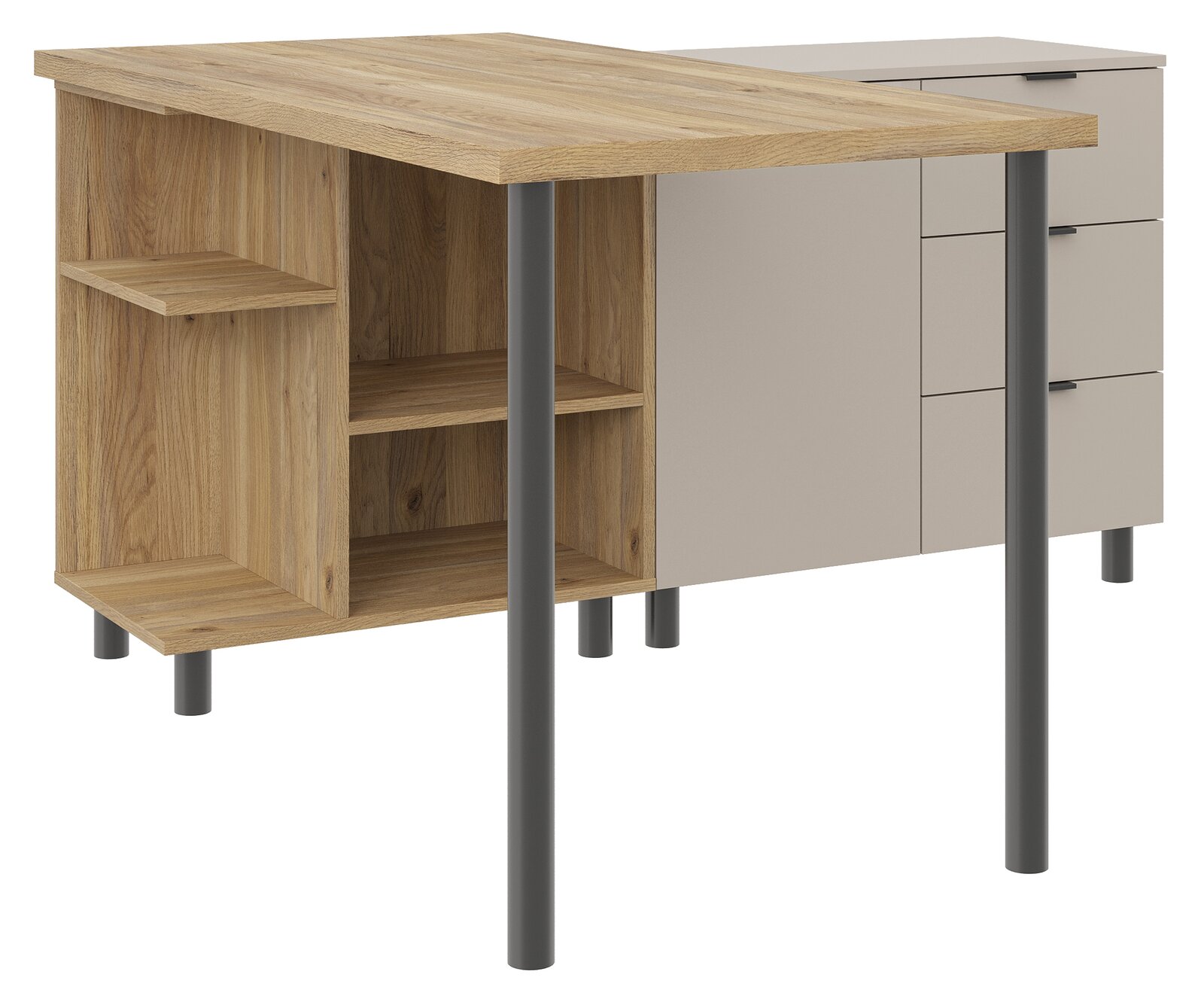 Eck-Schreibtischkombination aus Holz und Metall mit Regalfächern und Schubladen, seitliche Perspektive
