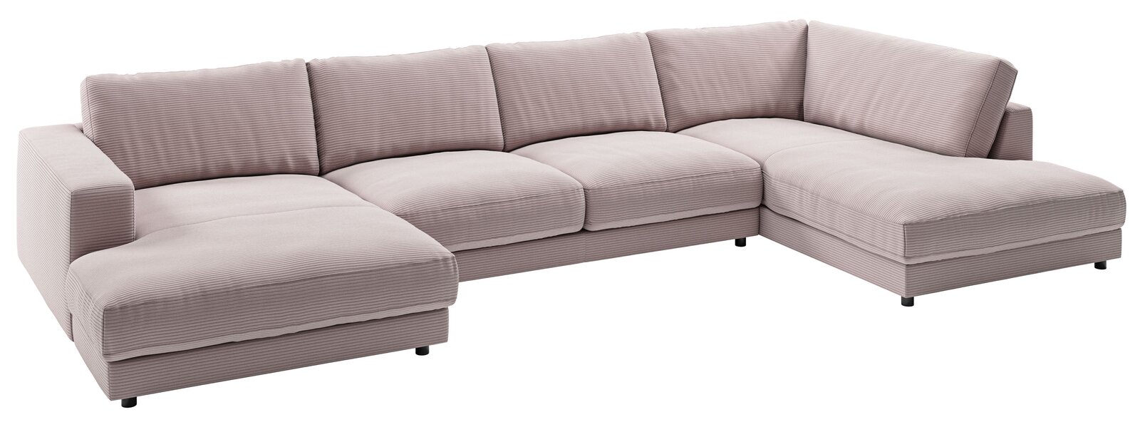 Große, moderne Polsterrundecke in L-Form mit hellgrauem Stoffbezug, aus seitlicher Perspektive fotografiert.