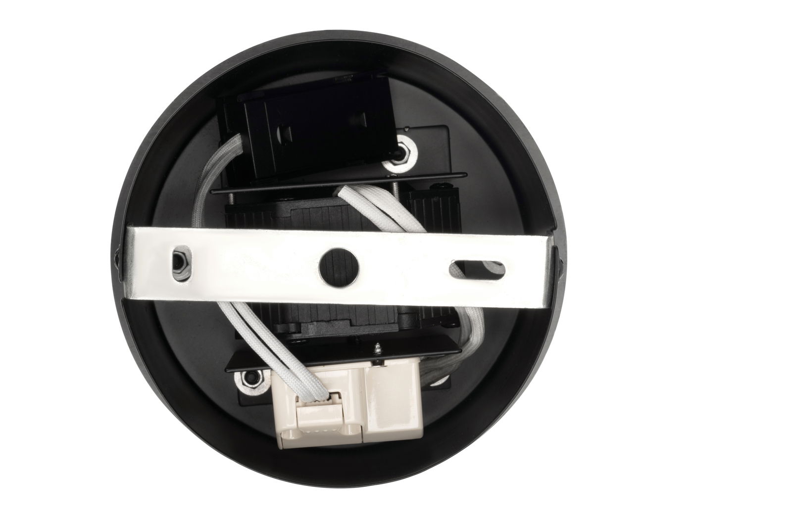 Runde schwarze Deckenhalterung für LED-Hängeleuchte, Ansicht von unten
