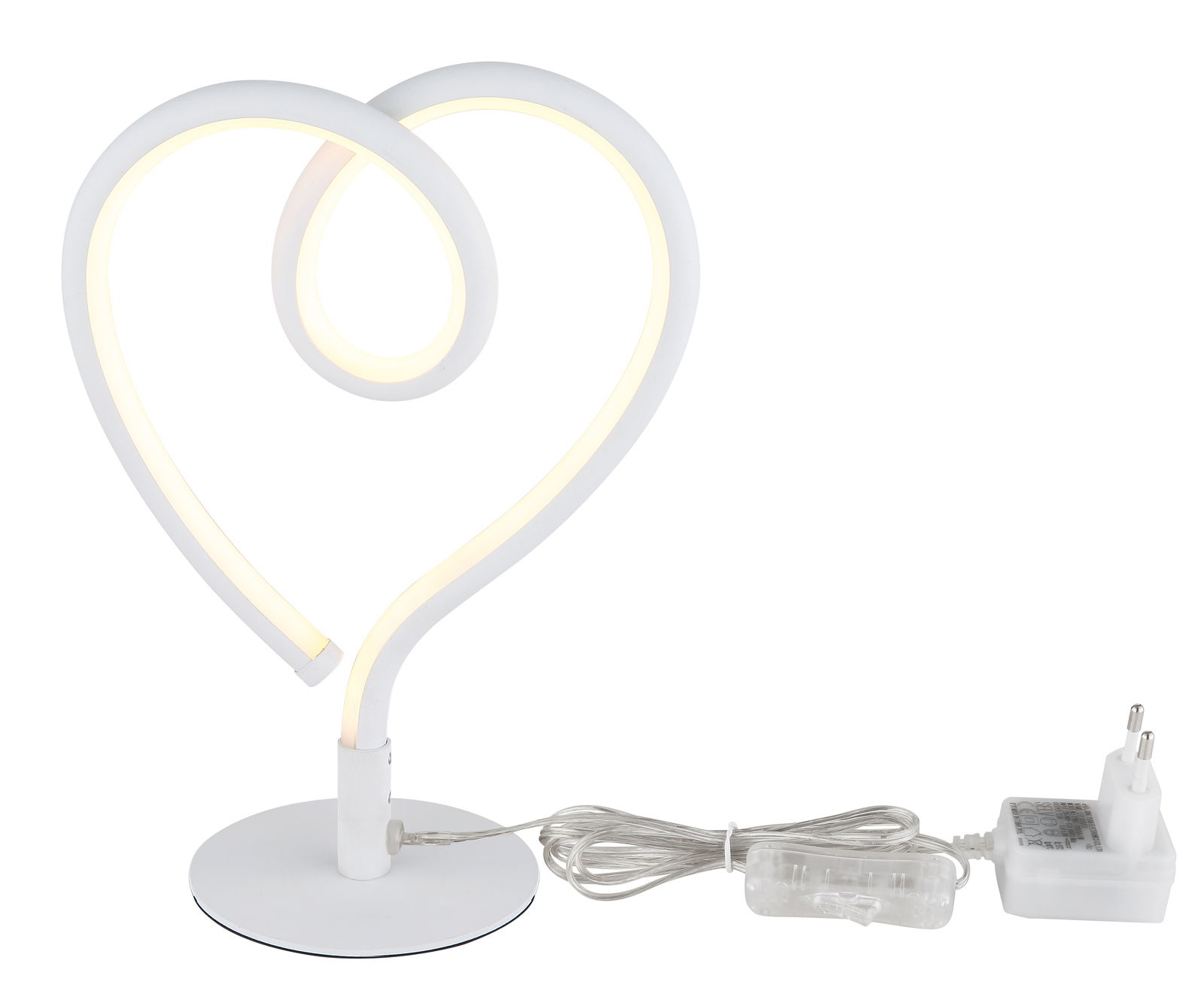 LED-Tischleuchte in Herzform, seitliche Perspektive, mit Netzstecker und transparentem Kabel