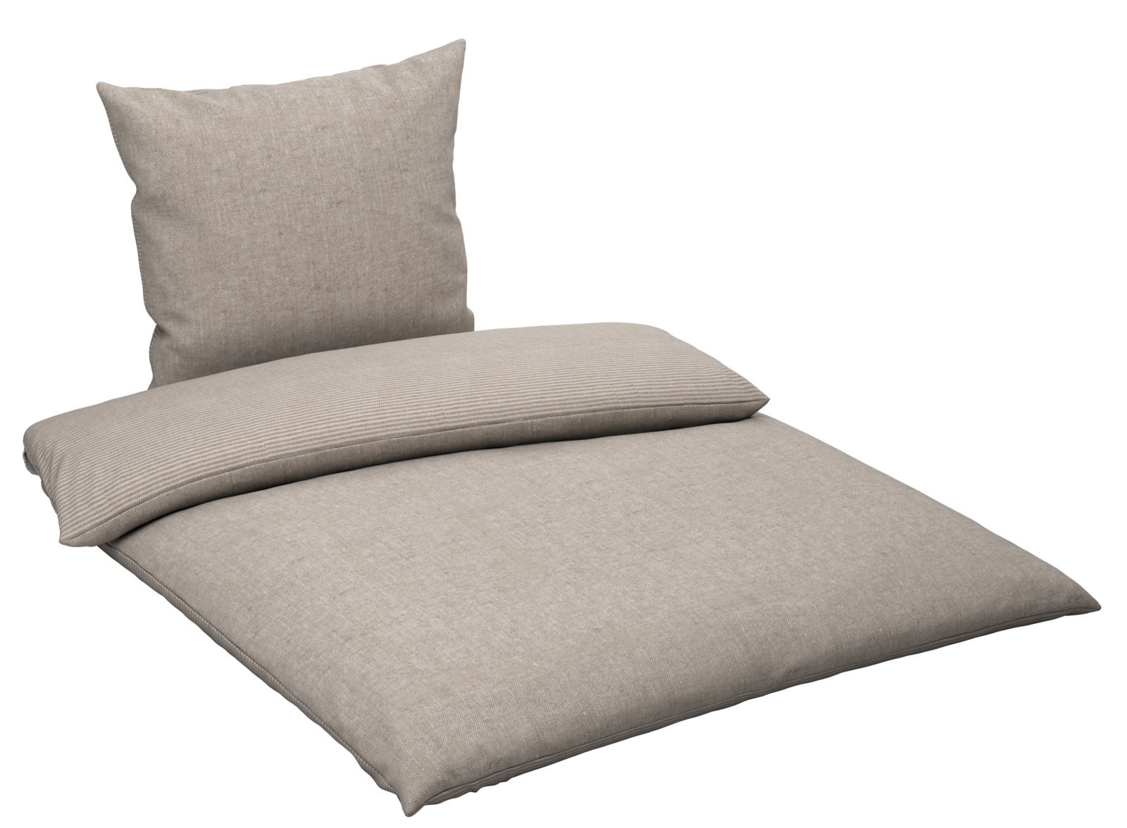 Beige Wendebettwäsche-Set mit Kissen und Decke, seitliche Perspektive