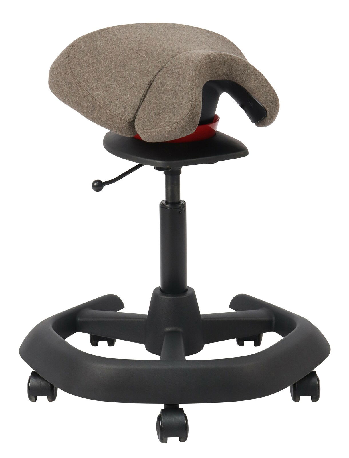 Bürohocker mit ergonomischem Sattelsitz, seitliche Ansicht, höhenverstellbar mit Rollen