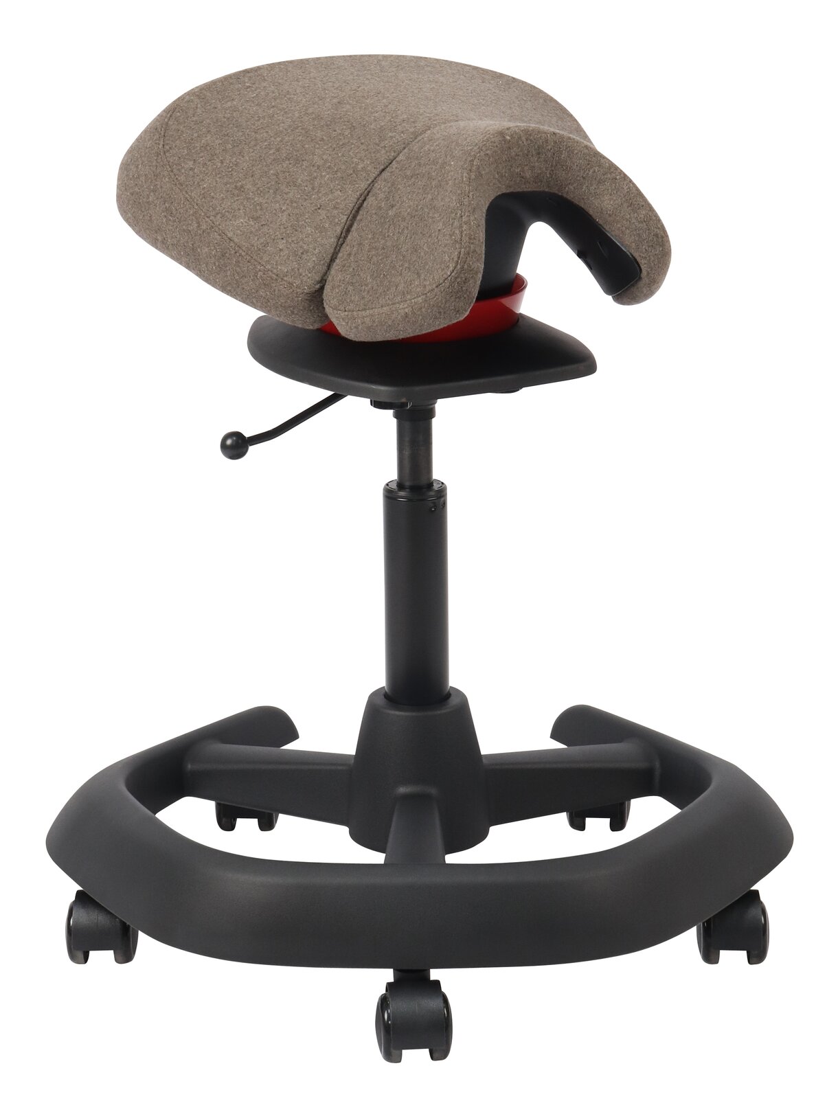 Bürohocker mit ergonomischem Sattelsitz, seitliche Ansicht, höhenverstellbar mit Rollen