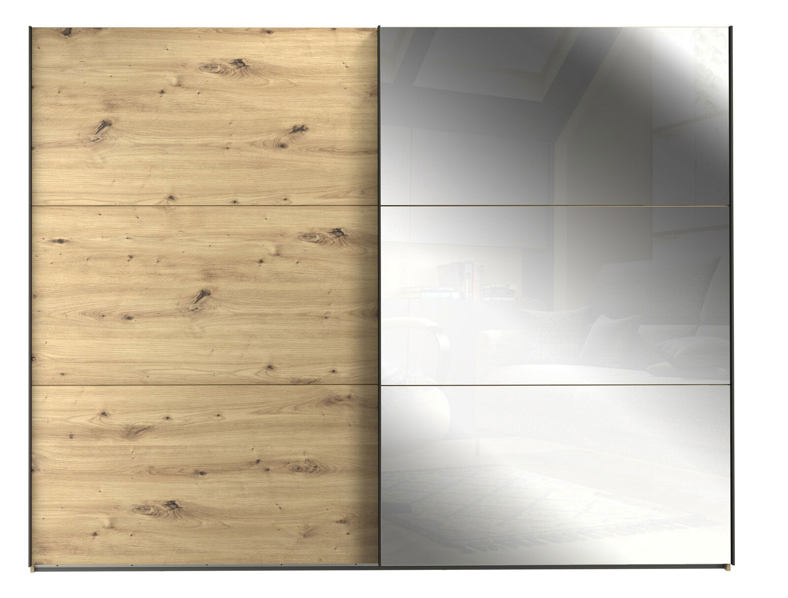 Schwebetürenschrank mit einer Kombination aus Holzoptik und Spiegel, Frontalansicht