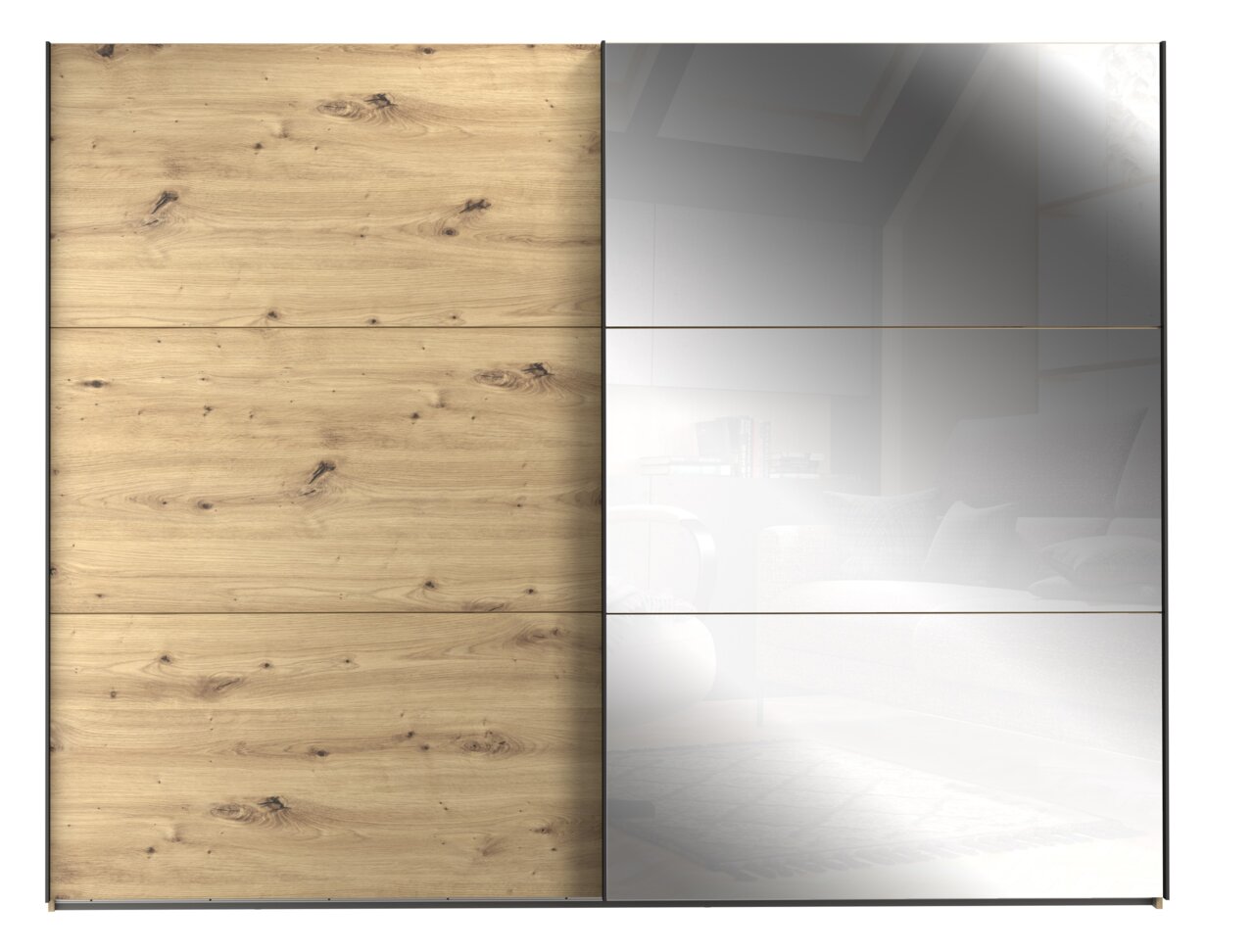 Schwebetürenschrank mit einer Kombination aus Holzoptik und Spiegel, Frontalansicht