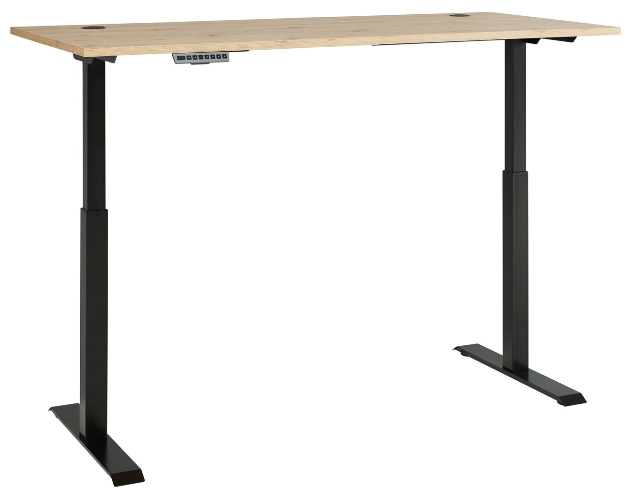 Moderner höhenverstellbarer E-Schreibtisch mit schwarzem Gestell und heller Holzplatte, seitliche Perspektive.